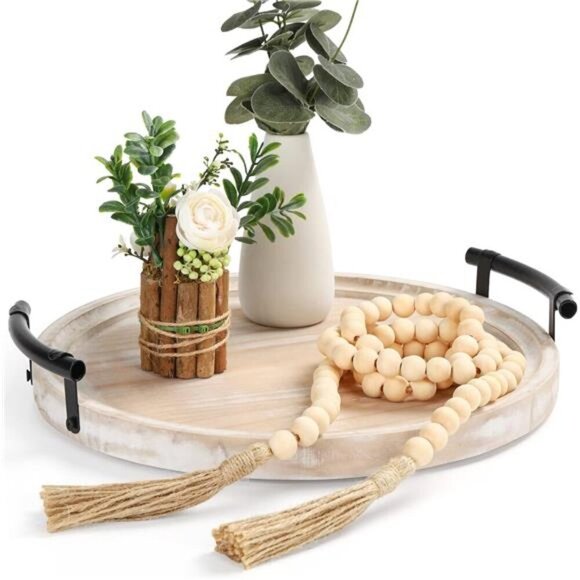 Round Wood Tray with Bead Garland Farmhouse Kitchen Coffee Table Decor White